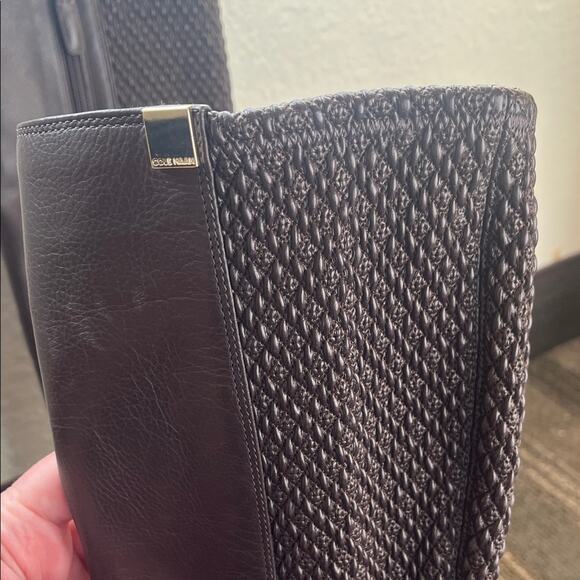 Cole Haan Idina Brown Stretch Leather Riding Boots with Chain Detail - Picture 2 of 11